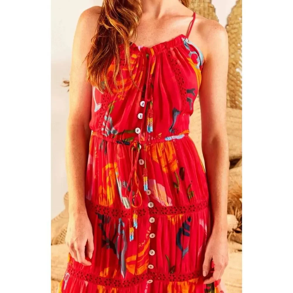 Farm Rio Mixed Fruits Ocean Maxi Dress Tiered Beaded Tassel Tropical Resort XL - Picture 3 of 16